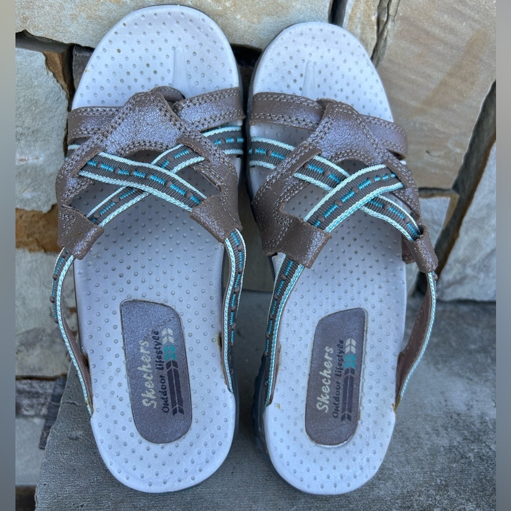 Skechers Reggae Gray & Teal leather Women's Slide Sandals Sz-6. Q